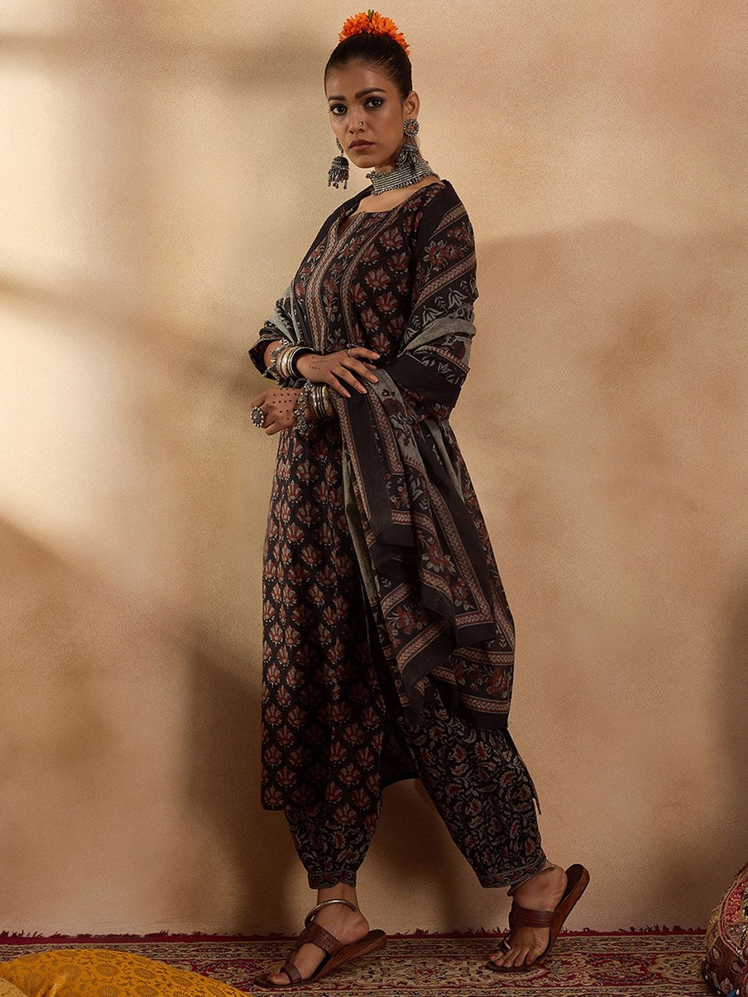 Indyancart IE Ethnic Motifs Printed Pure Cotton Straight Kurta with Salwar & Dupatta