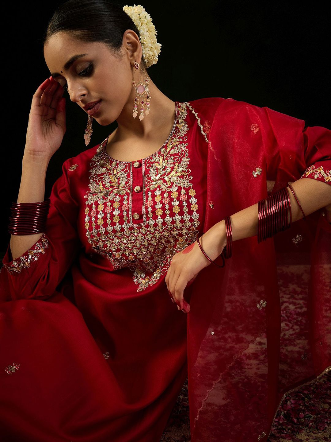Floral Yoke Design Sequnnied Straight Kurta With Trousers & Dupatta