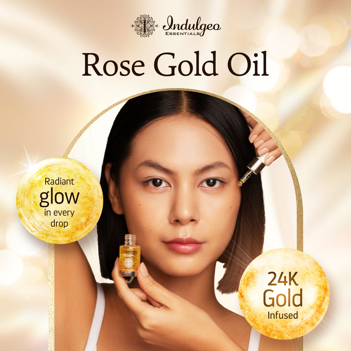 Indulgeo Essentials 24k Rose Gold Face Primer Oil, lightweight hydrating serum with radiant finish, shown in a clear glass bottle.