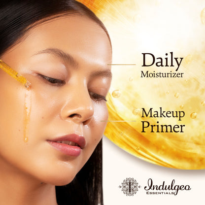 Indulgeo Essentials 24k Rose Gold Face Primer Oil with lightweight hydration and a radiant finish, visible in the image.