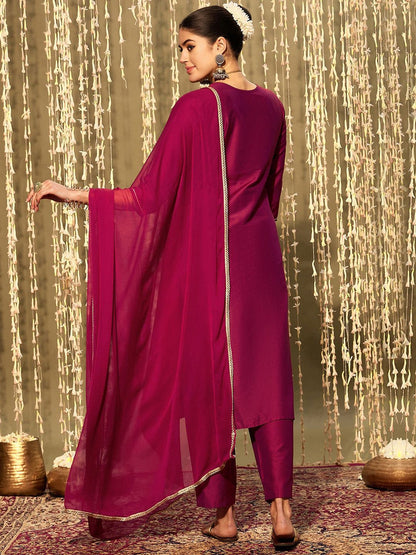 Indyancart IE Magenta Ethnic Motifs Embroidered Straight Kurta & Trouser With Dupatta