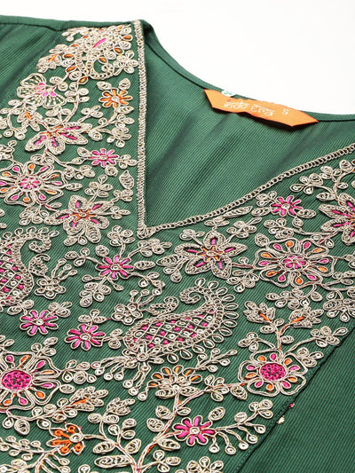 Indyancart IE Floral Embroidered Zari Pleated Liva Kurta With Trousers & Dupatta