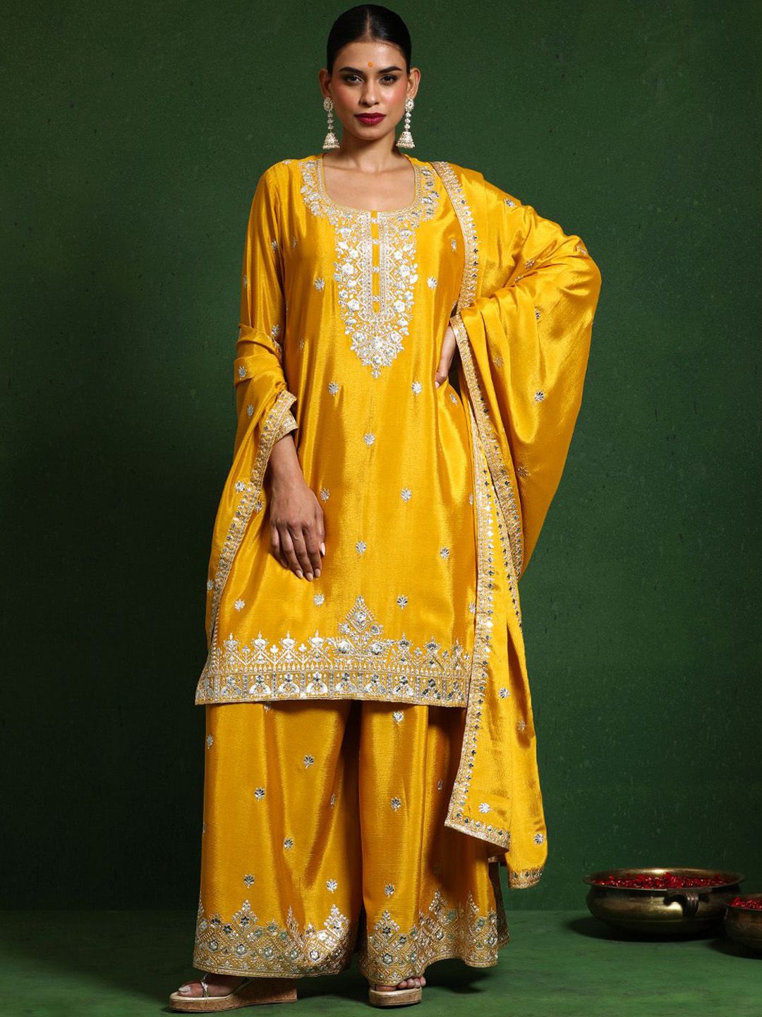 Indyancart VA Floral Embroidered Zari Work Straight Kurta With Palazzos & Dupatta