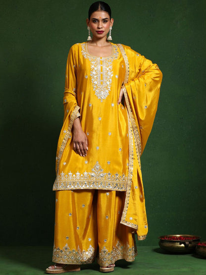 Indyancart VA Floral Embroidered Zari Work Straight Kurta With Palazzos & Dupatta