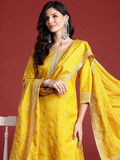 Indyancart IE Floral Embroidered Sequinned Kurta With Trousers & Dupatta