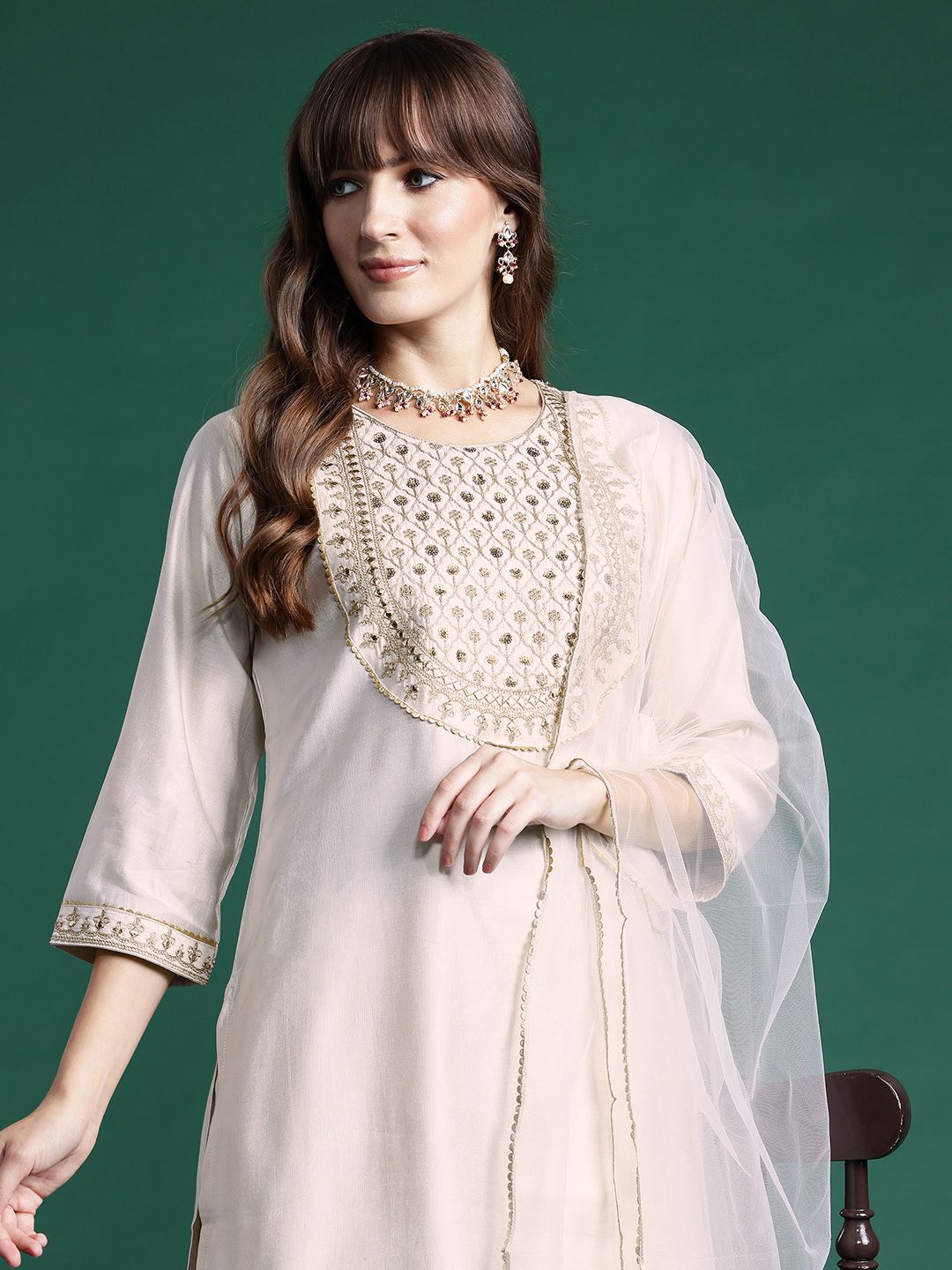 Indyancart IE Ethnic Motifs Embroidered Gotta Patti Liva Kurta With Sharara & Dupatta