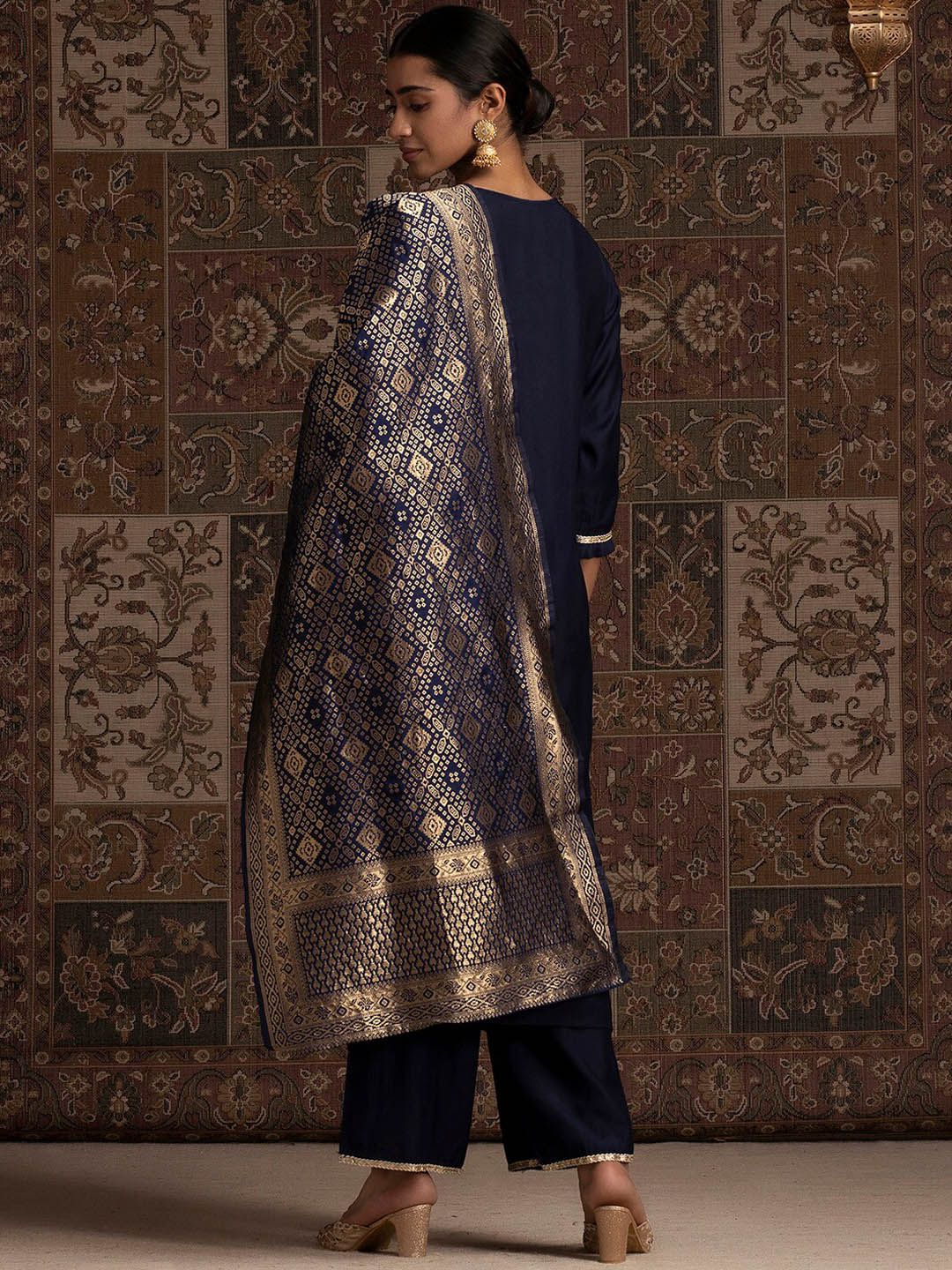 Indyancart IE Navy Blue Thread Work Liva Kurta With Palazzos & Dupatta