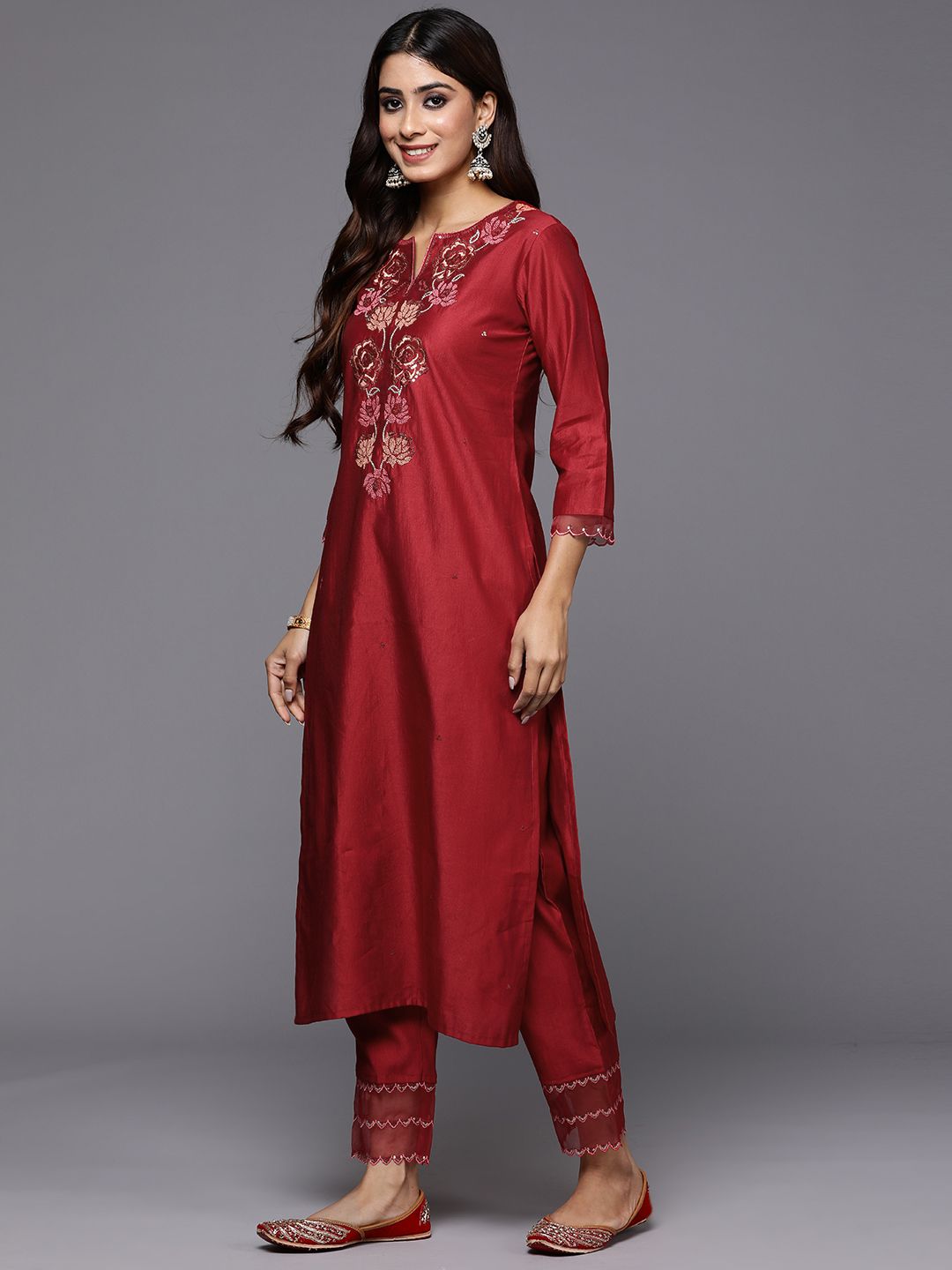 Dhiyona IE Women Floral Yoke Design Regular Sequinned Liva Kurta with Trousers & Dupatta