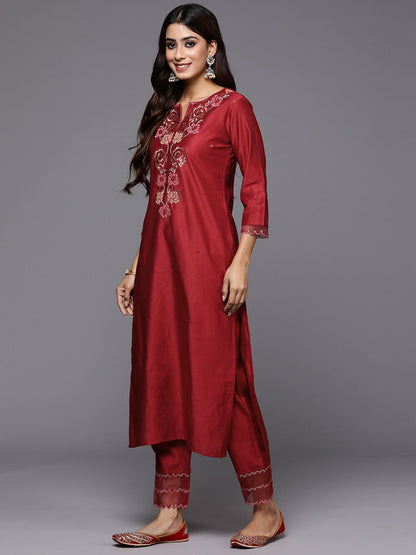 Dhiyona IE Women Floral Yoke Design Regular Sequinned Liva Kurta with Trousers & Dupatta