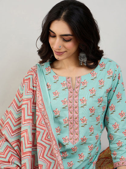 Indyancart IE Blue Floral Printed Notch Neck Pure Cotton Straight Kurta with Trousers & Dupatta
