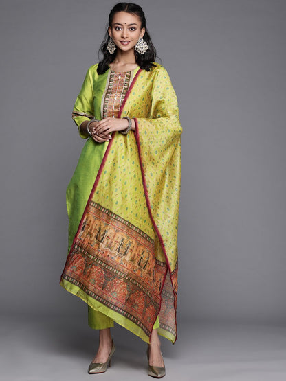 Indyancart VA Women's Lime Green Ethnic Motifs Yoke Design Beads and Stones Kurta with Trousers & With Dupatta