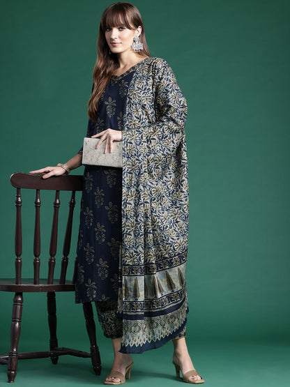 Indyancart IE Floral Printed Pure Cotton Kurta With Salwar & Dupatta