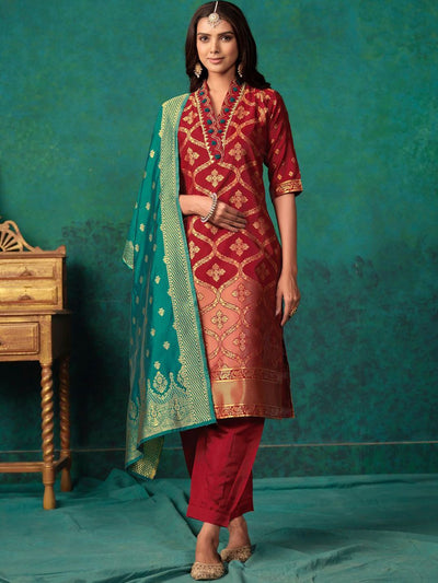 Indyancart SN Women's Maroon Ethnic Motifs Woven Design Regular Thread Work Kurta & Salwar With Dupatta