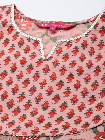 Indyancart VA Women's Peach-Coloured Floral Printed Empire Gotta Patti Pure Cotton Kurta with Trousers & With