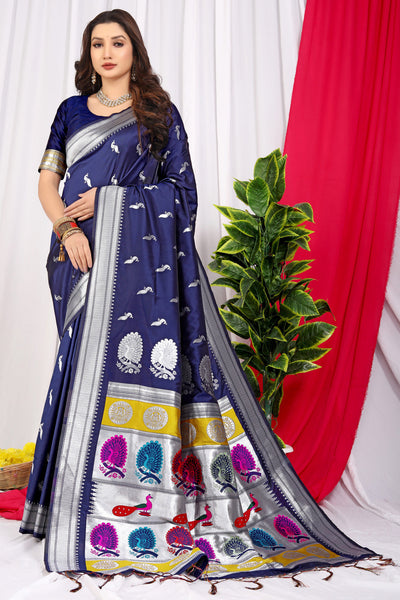 Indyancart GR Women's Chandramukhi Navy Zari Paithani Silk Saree