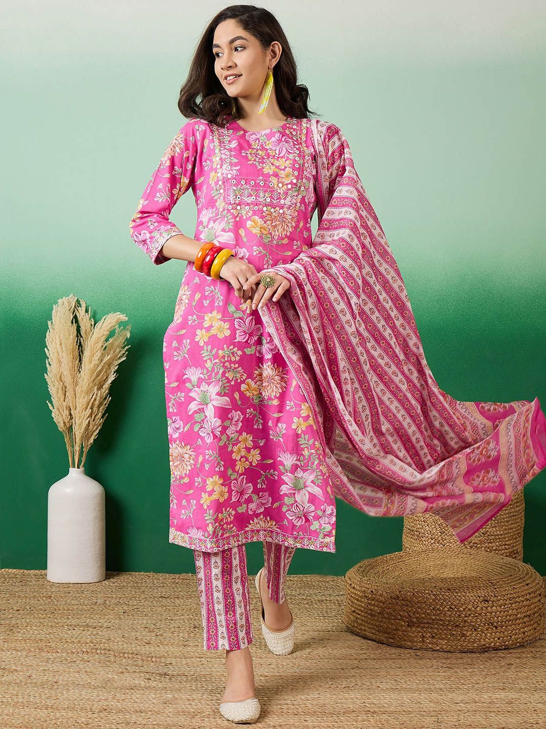 Indyancart SN Women's Printed Pure Cotton Straight Kurta With Trousers & Dupatta