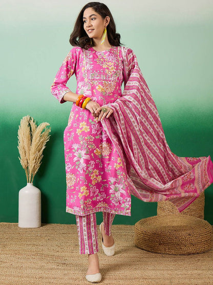 Indyancart SN Women's Printed Pure Cotton Straight Kurta With Trousers & Dupatta