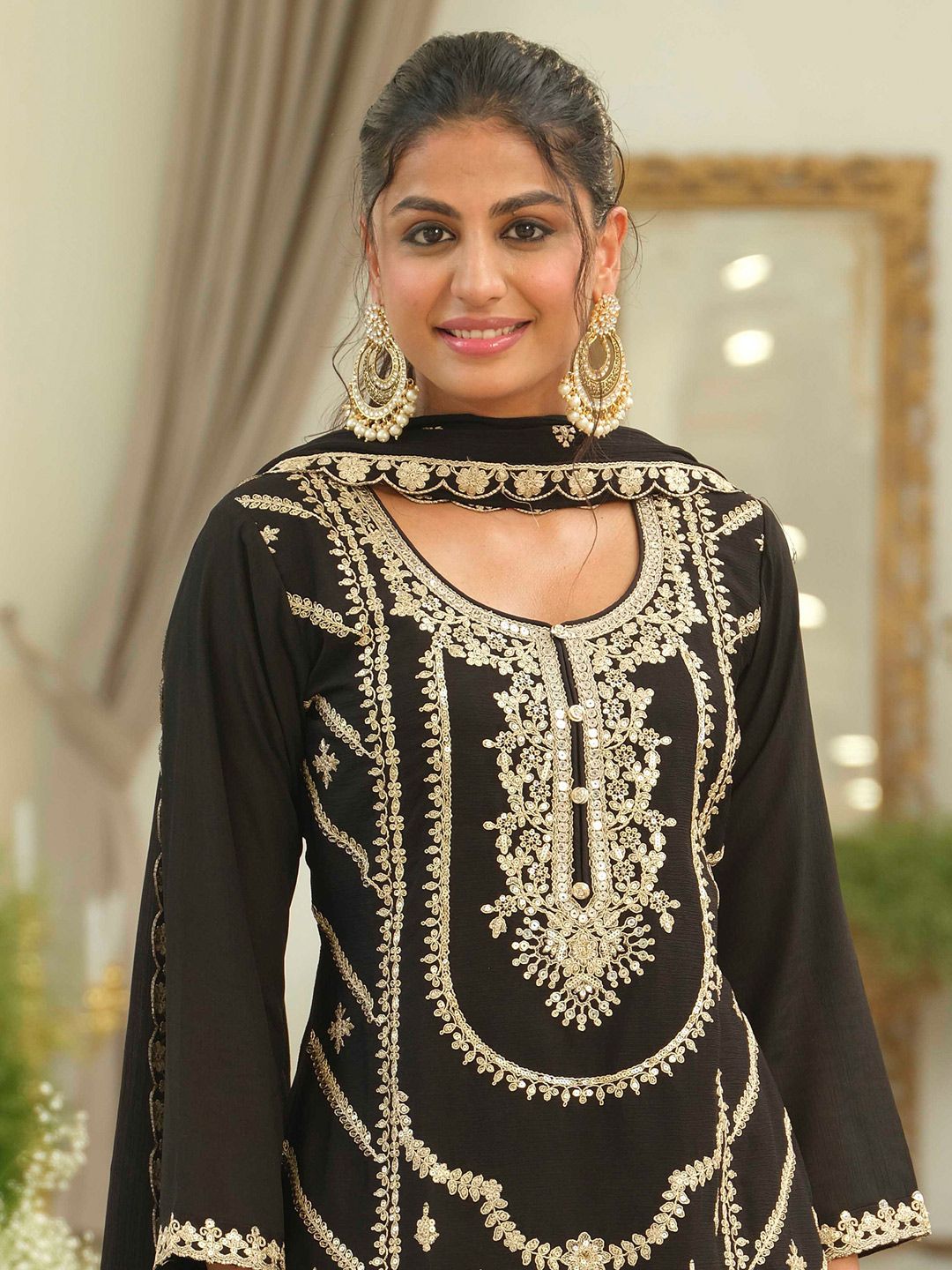 Ethnic Motifs Embroidered Chinon Straight Sequinned Kurta With Palazzos & Dupatta