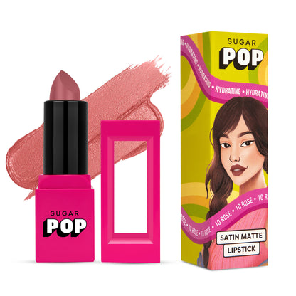 SUGAR POP Satin Matte Lipstick in shade 10 Rose, featuring a sleek bullet with smooth satin matte finish and vibrant pink hue.