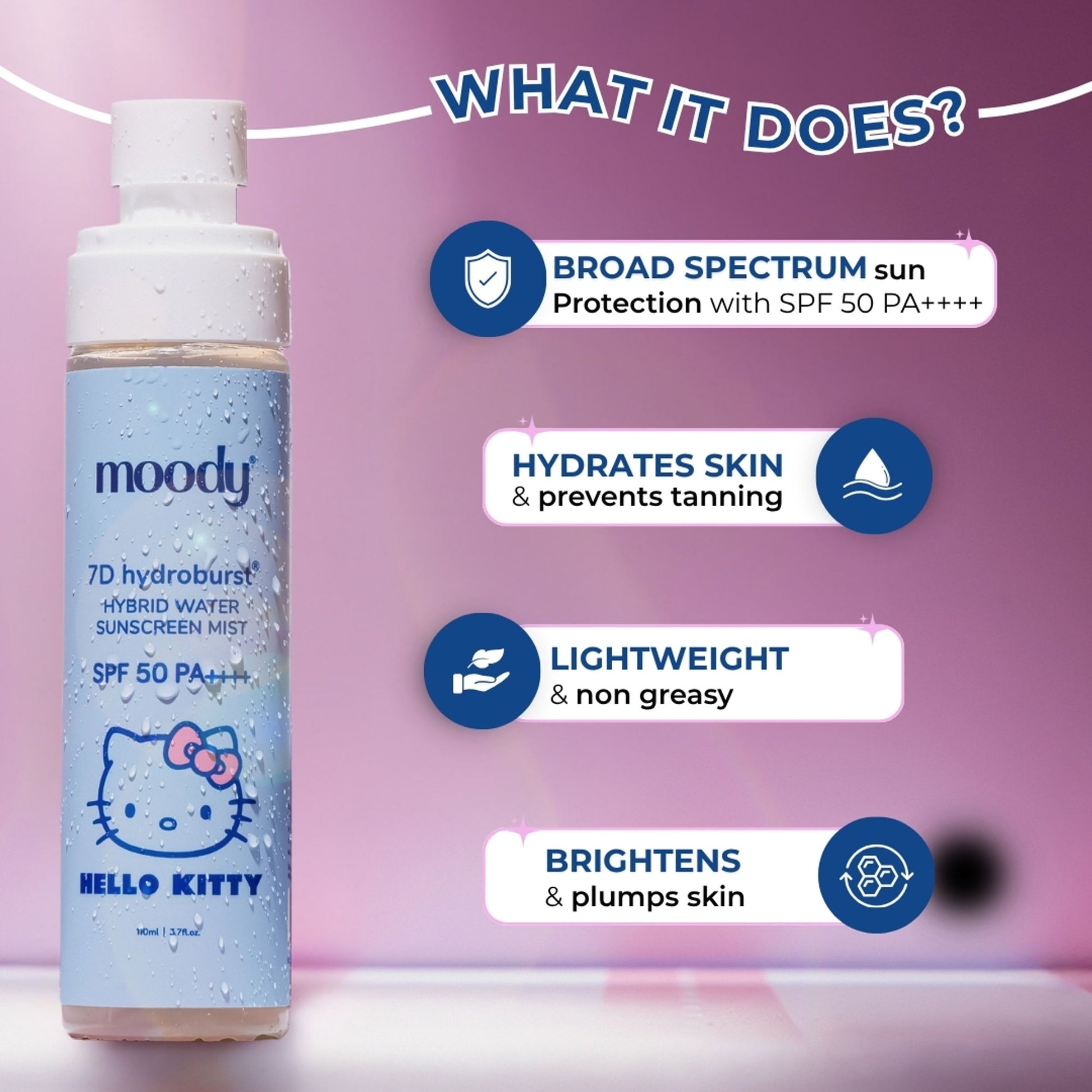 Moody 7D Hydroburst Hybrid Water Sunscreen Mist SPF 50 PA++++ With Hyaluronic Acid