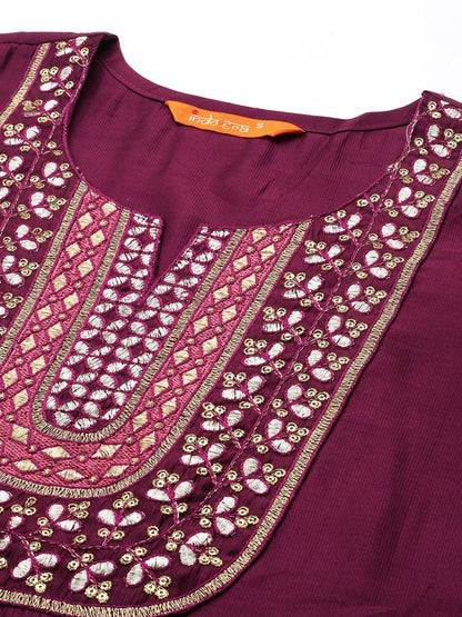 Indyancart IE Women Purple Embroidered Sequinned Liva Kurta with Trousers & With Dupatta