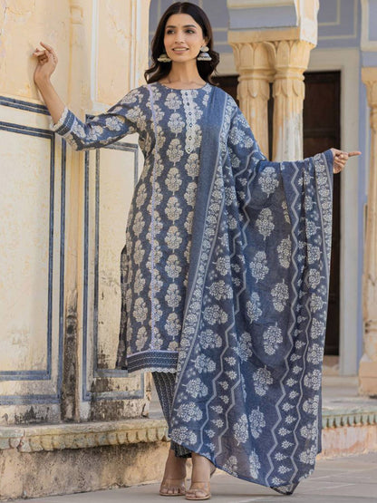 Indyancart VA Women'sEthnic Motifs Printed Regular Thread Work Kurta with Trouser & Dupatta