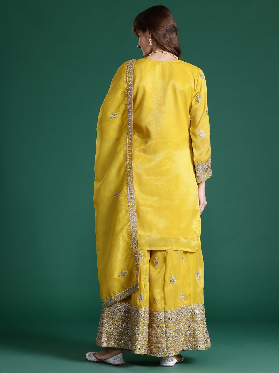 Indyancart IE Ethnic Motifs Embroidered Sequinned Kurta with Palazzos & With Dupatta