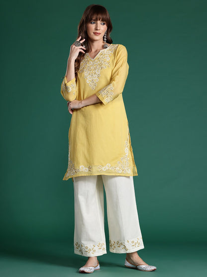 Floral Embroidered Thread Work Pure Cotton Kurti with Trousers