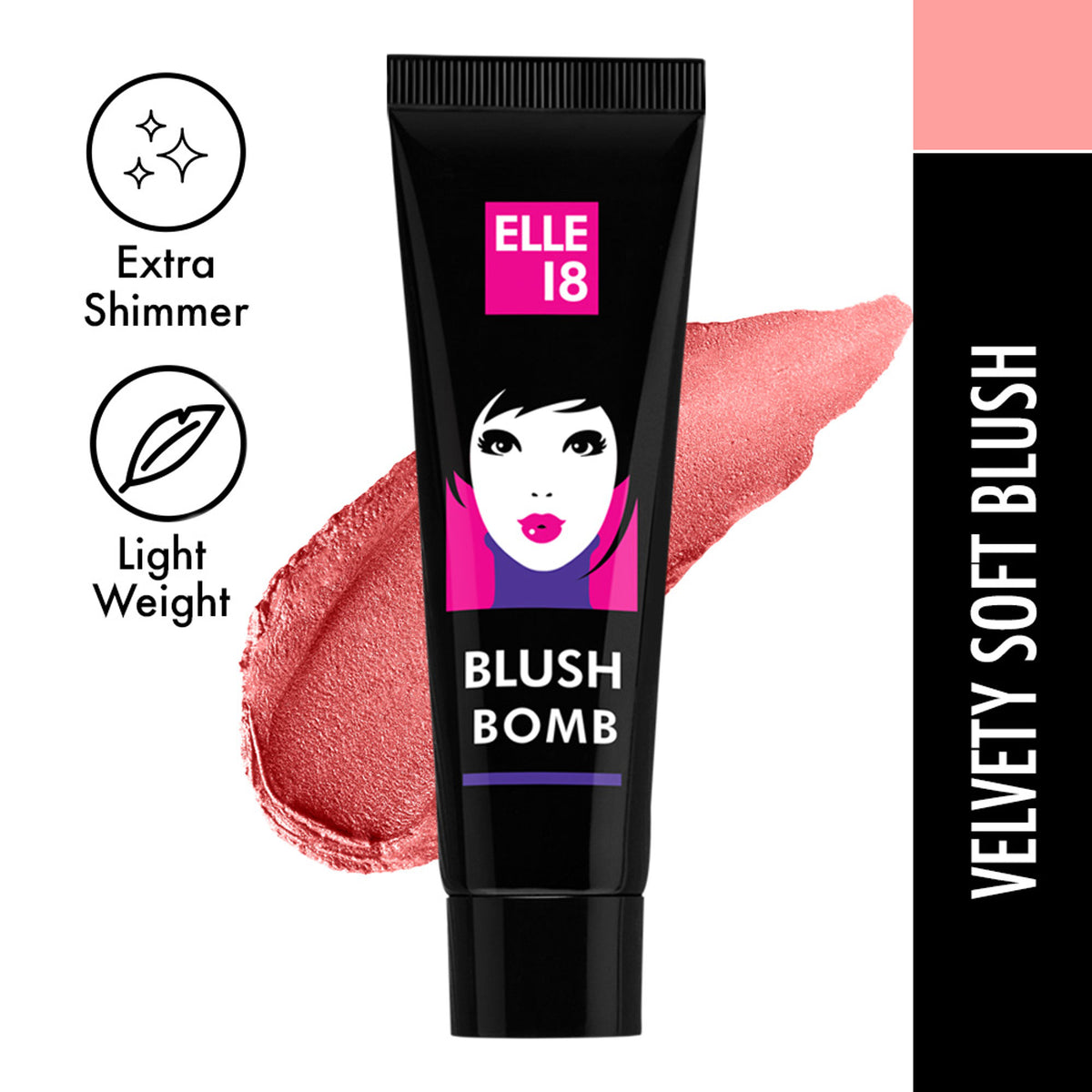 Elle 18 Blushbomb in Coral shade, a vibrant peachy blush compact with a smooth, blendable powder finish.