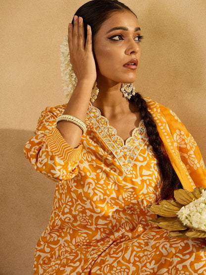 Dhiyona IE Mustard Floral Printed V-Neck Thread Work Straight Kurta With Trousers & Dupatta