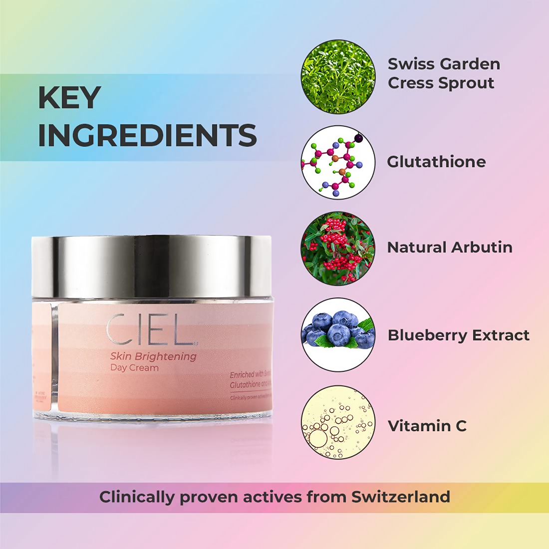 Ciel Skin Brightening Day Cream jar with white lid and pink label, showcasing the skincare product for radiant skin.