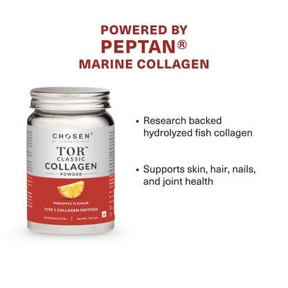 Chosen Tor Classic Marine Collagen Powder for skin, hair, and joint health in a scoopable supplement jar.