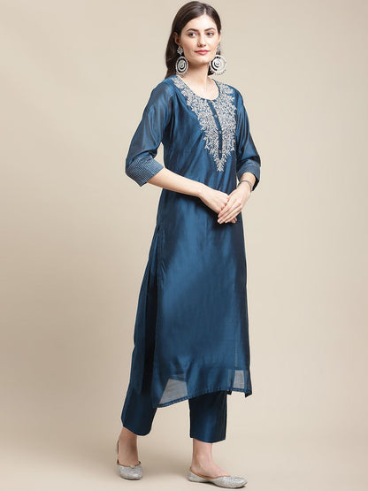 Indyancart VA Women's Blue Floral Embroidered Chanderi Silk Kurta with Trousers & Dupatta