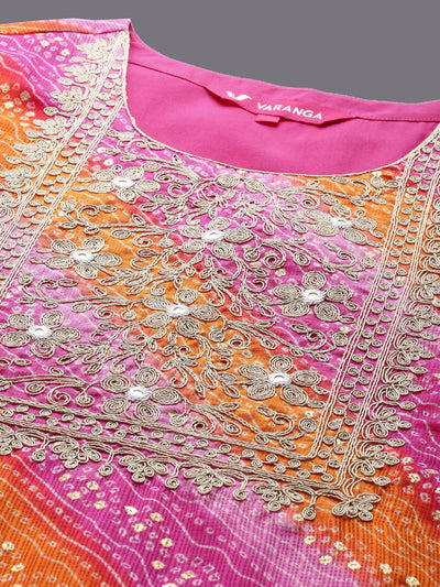 Indyancart VA Women'sBandhani Printed Thread Work Straight Kurta With Trousers & Dupatta