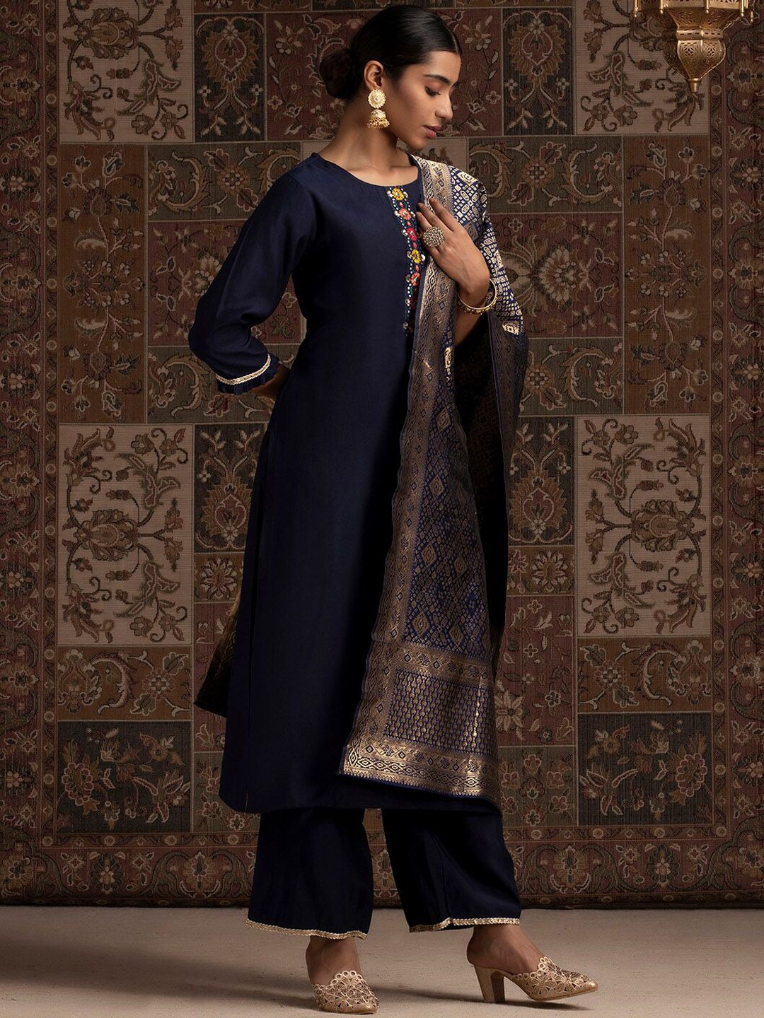 Indyancart IE Navy Blue Thread Work Liva Kurta With Palazzos & Dupatta