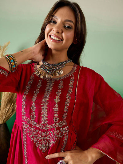 Indyancart SN Women's Red Ethnic Embroidered Zari Sequined Pleated Straight Kurta With Trouser & Dupatta