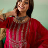 Dhiyona SN Women's Red Ethnic Embroidered Zari Sequined Pleated Straight Kurta With Trouser & Dupatta