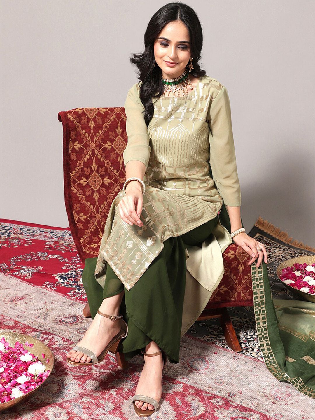 Indyancart VA Women's Geometric Embroidered Regular Sequinned Kurta With Trousers & Dupatta