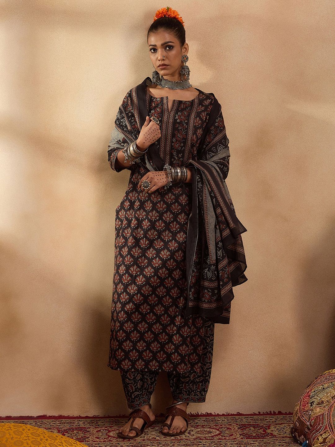 Indyancart IE Ethnic Motifs Printed Pure Cotton Straight Kurta with Salwar & Dupatta