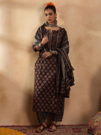 Indyancart IE Ethnic Motifs Printed Pure Cotton Straight Kurta with Salwar & Dupatta