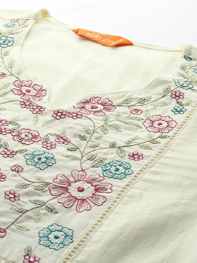Indyancart IE Floral Embroidered Pure Cotton Kurta with Trousers & Dupatta