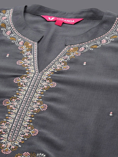 Indyancart VA Women'sFloral Embroidered Mandarin Collar Straight Kurta with Trousers & Dupatta