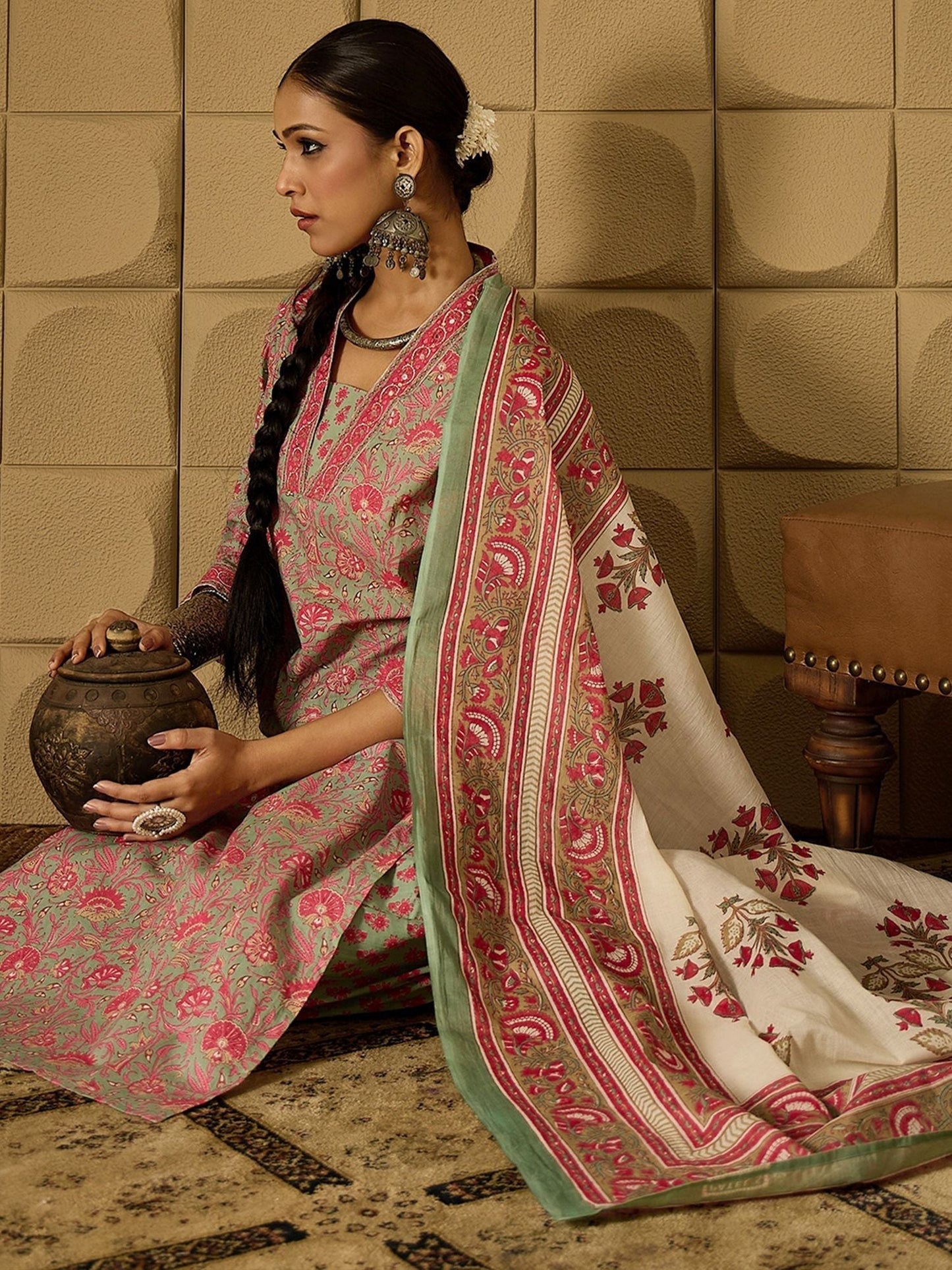 Indyancart IE Floral Printed Pure Cotton Kurta Straight Kurta With Salwar And Dupatta