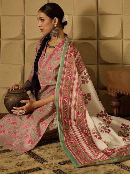 Indyancart IE Floral Printed Pure Cotton Kurta Straight Kurta With Salwar And Dupatta
