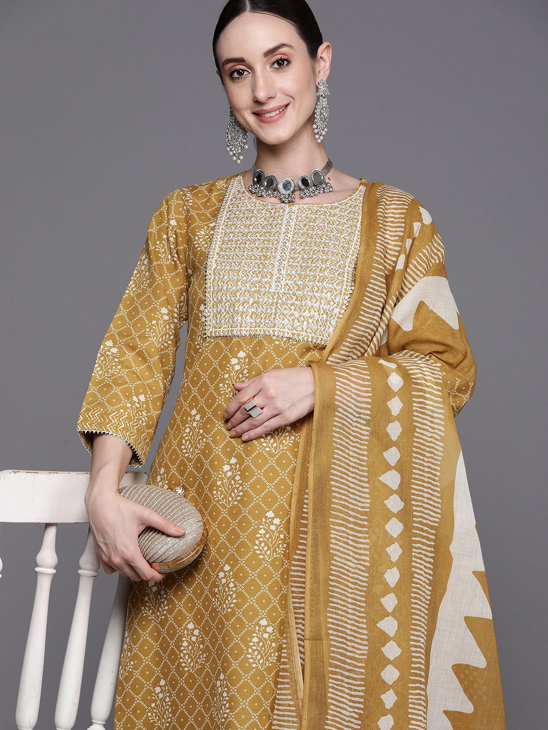 Ethnic Motifs Embroidered Pure Cotton Straight Kurta With Trousers & Dupatta