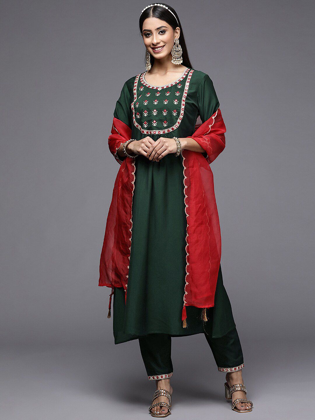 Indyancart IE Floral Embroidered Mirror Work Anarkali Kurta With Trousers & Dupatta
