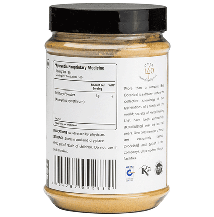 Bixa Botanical Akarkara powder in a clear container, showing the fine, light brown Ayurvedic powder used in herbal remedies.