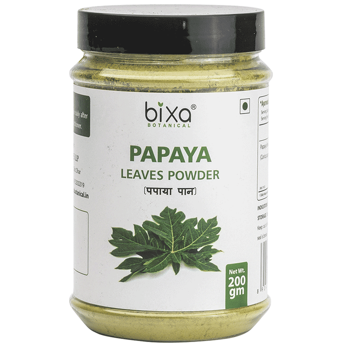 Bixa Botanical Ayurvedic Papaya Leaves Powder in a glass jar, showing vibrant green powder for natural herbal remedies.