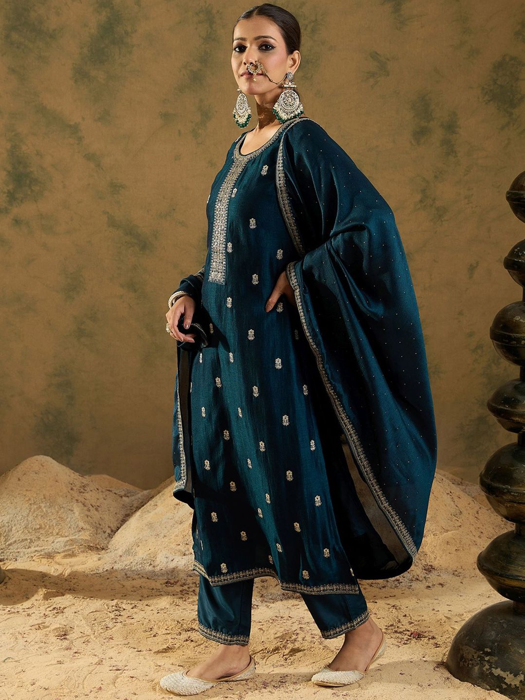 Women Embroidered Regular Sequinned Kurta with Trousers & With Dupatta