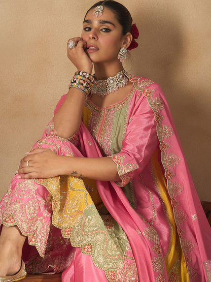 Indyancart IE Women Ethnic Motifs Embroidered Panelled Sequinned Kurta with Palazzos & Dupatta